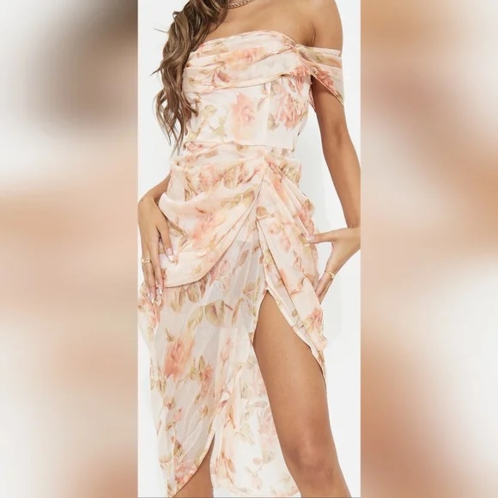 PLT Pretty Peach Floral Print Chiffon Draped Bardot Midi Dress US 10 NWT